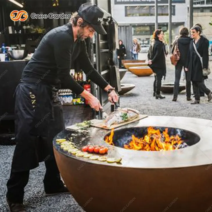 Corten steel rho hluav taws tais tais bbq grill nrog grill daim phiaj