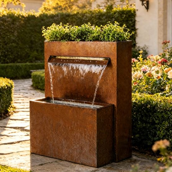 Corten Steel Water Fountain Nrog Planter Flowerpot
